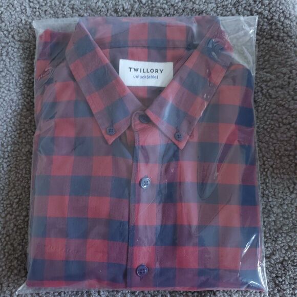 Twillory Shirt Mens XL Red Blue Plaid Button Up Untuckable Tailored Fit Cotton - Picture 13 of 13